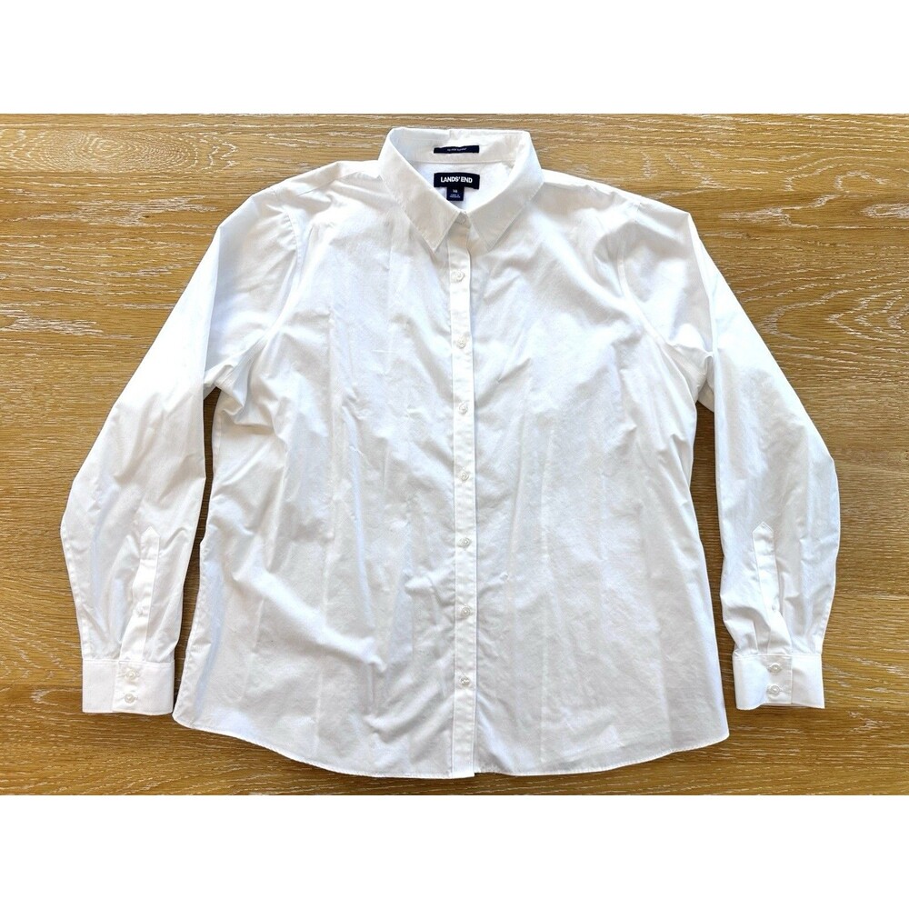Lands' End No Iron Pinpoint Oxford Button Up Shirt Size 18 White Cotton